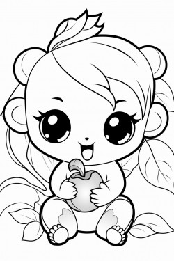 baby chibi unicorn eating apples in the park