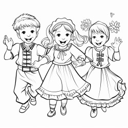 create a coloring page for   featuring our children who dance in traditional ukrainian attire the scene should include joyful and energetic boys dressed as cossacks and girls in beautiful ukrainian dresses