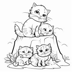 a bunch of cas on a rock in a holllow with four oaks around the hollow and 4 cats on the rock