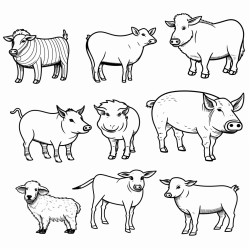farm animals cows chickens pigs white background without detailing without shadow without showing
