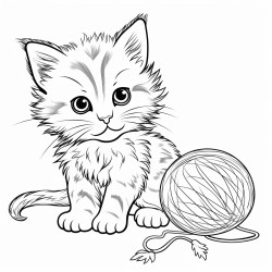 stencil of a playful kitten with a ball of yarn capturing its curious pose and fluffy fur