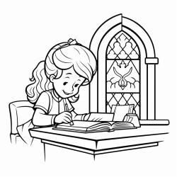 a girl studing theology in a library under a table
