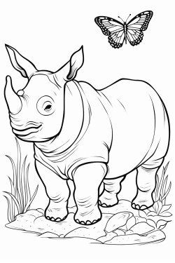 a cute and adorable single horn indonesian rhino with butterflies gently landing on its horn and back
