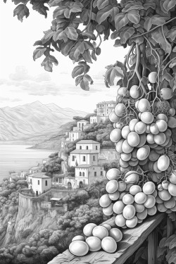 view of amalfi coast with a few large lemons hanging from vines overhead