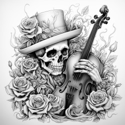 a skeleton playing a gothic violin with roses growing around it