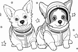 a corgi with no tail and a blue healer with floppy ears as astronauts in space