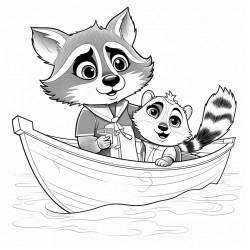 papa racoon helping baby racoon with his boat toy storybook style