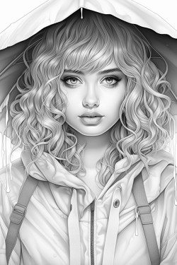 woman with hair just below shoulders wearing only a raincoat with the hood up and an umbrella open in her hands
