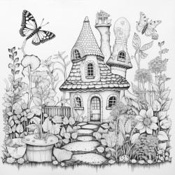 full page image of a garden in whimsical style with stone garden pathways plants and an offset tiny butterfly