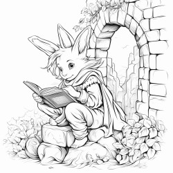 young elf reading a book  stone wall rabbit