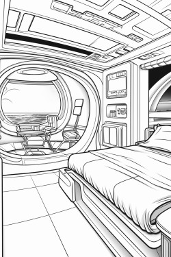 an expensive futuristic hotel room from the future with a bed and windows in space