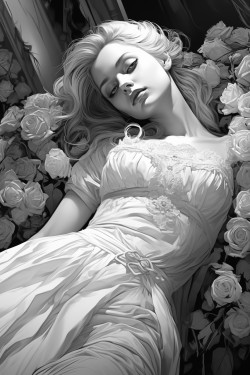 vampire in flowing white gown looking at viewer lying in coffin filled overflowing with white roses
