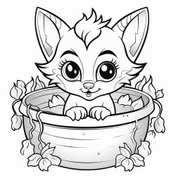 a small cat with oversized ears peeking out from an overflowing cauldron filled with bubbling potion