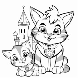 a playful cat and a majest ihappy father xmas on top of a roof cf a castle