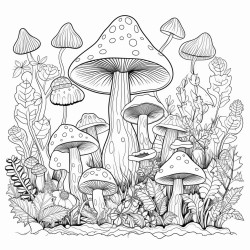 create a blackandwhite coloring page of mushrooms growing on a forest floor show mushrooms of various shapes and sizes with bold outlines nestled among simple details like leaves small rocks and grass keep the design uncluttered with large spaces