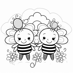 large cartoon like bees with flowers and rainbows