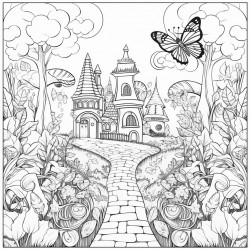full page image of a garden in whimsical style with stone garden pathways plants and an offset tiny butterfly