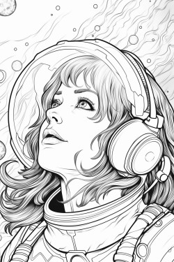 a woman in an astronaut costume looking up at the sky