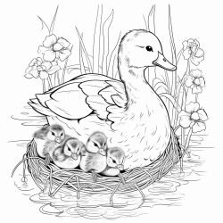 mother duck with baby ducks in a nest