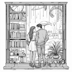 raining standing couple back window bookshelf coffee