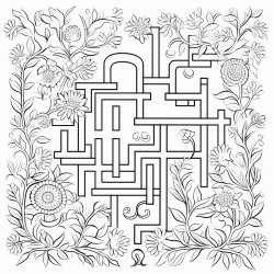 a complex labyrinth set in a garden with flowers and butterflies along the path