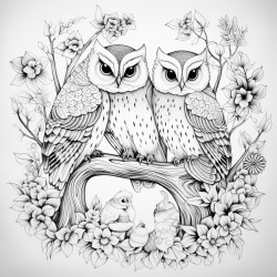 write a prompt for the colouring idea owls in the nightremember it must be in black and whiteso that the adult will be the one to colour it not more than 300 characters