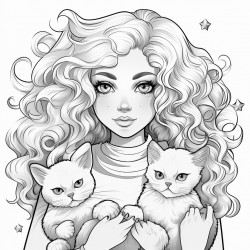 cartoon girl with wavy hairs and two sphinx cats