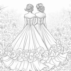 the back of two brides in wedding dresses in a field of flowers