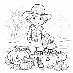 children coloring page autumn themed with scarecrow pumpkins and apples