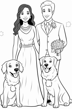 bride and groom with two golden retrievers and an english springer spaniel