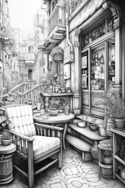a caf with an eclectic mix of furniture and artwork