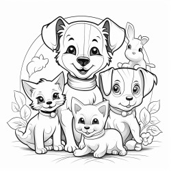 a variety of pets like dogs cats and rabbits playing together