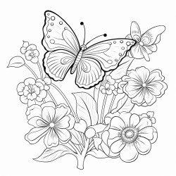 create a coloring page with clear thin line art and no shading or filled areas include patterns of pansies and caterpillars