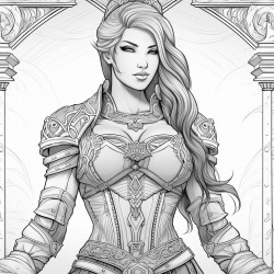 create an image of a woman warrior putting on a belt background detailed and decorative