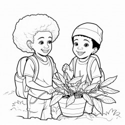 professional sketch drawing of african boy and a girl chlid caring  for plants in the forest for a coloring page