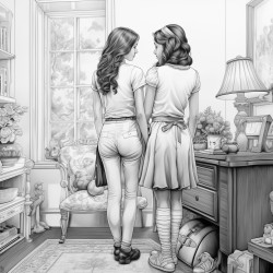 two girl best friends in a room coloring