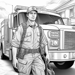 firefighter standing in front of fire truck showing smoke detector
