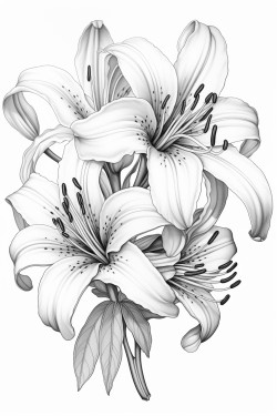 3 lilies  with intricate pattern inside of it no color no shading thick line outline art