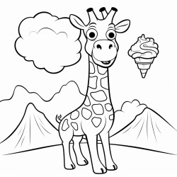 giraffe eating an ice cream cone in front of a mountain