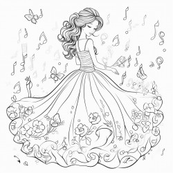 wedding dress coloring pages of a young girl with floral notes