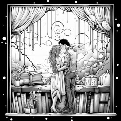 raining  couple back window bookshelf coffee