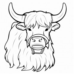 highland cow with a ghost face mask hanging on his horn