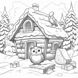 a cozy christmas cabin in the woods with snow on the roof smoke curling from the chimney owls with tiny scarves is perched on the rooftop in front of the cabin theres a wooden fence covered in snow and decorated with red ribbons