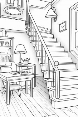 basement with stairs and office