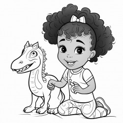 a little black girl with two puff ball pony tails playing with a dinosaur
