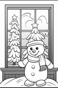 christmas snowman outside the window and behind the christmas tree