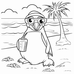 pinguin on the beach wearing sunglasses holding a cocktail in a sunbed
