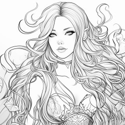 greyscale adult coloring page with manga woman with long hair