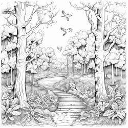 forest with a walking path a bird in the trees
