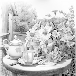 tea service on cafe table flowers and tall grasses in background tree on side
